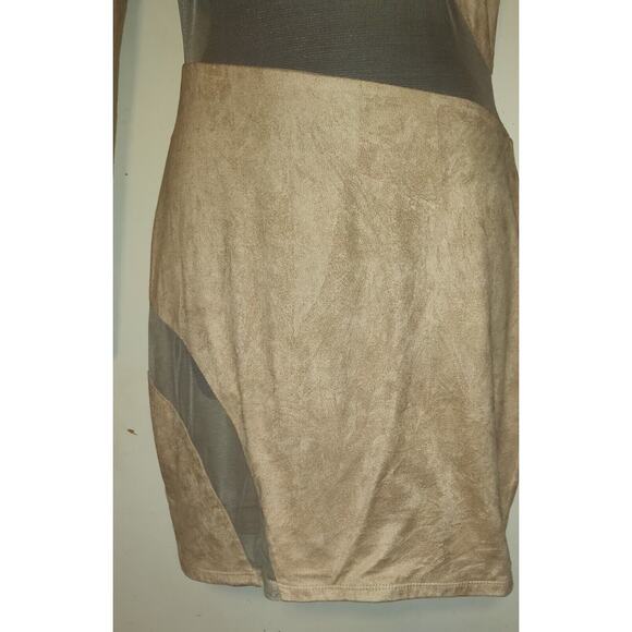 Va Va Voom Dress BODYCON Beige See-thru Mesh Panels Faux Suede Vintage Y2K M - Picture 3 of 15